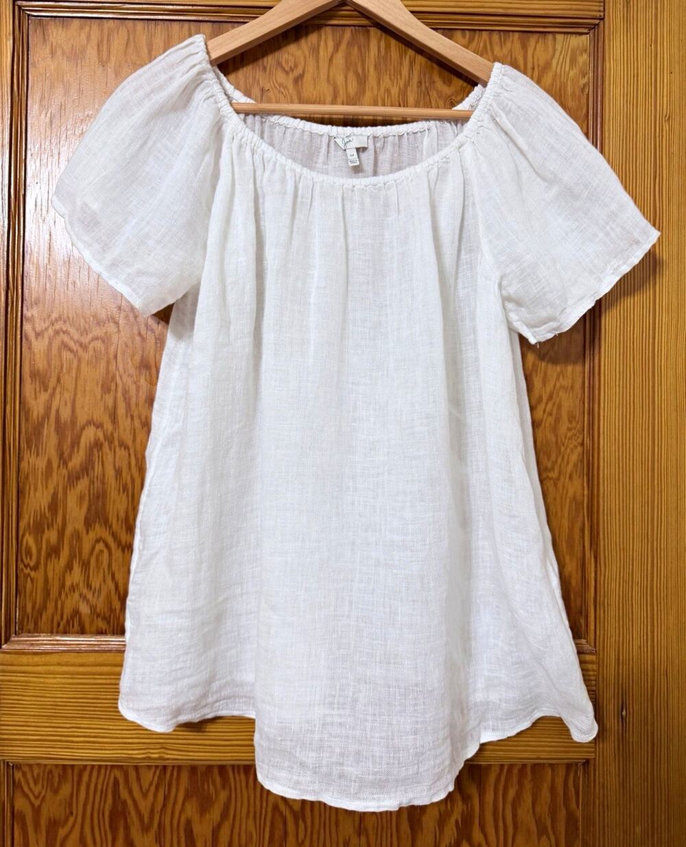 Joie Women’s White Solid Linen Scoop Neck Ruffle Short Sleeve Blouse M 7202